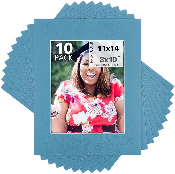 Mat Board Center, Pack of 10, 11x14 for 8x10 Dynamic Blue Color Mats - Acid Free, 4-ply Thickness, White Core - for Pictures, Photos, Framing