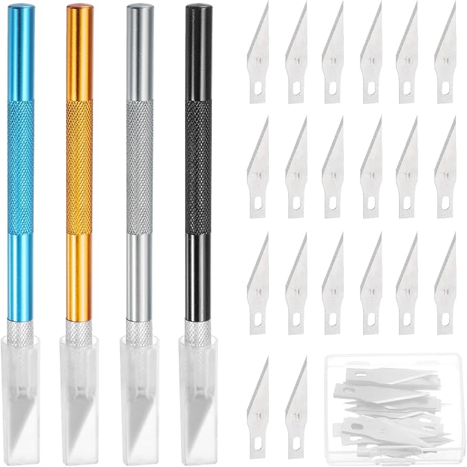 MECCANIXITY 4 Pcs Exacto Knife, Craft Hobby Knife with 40 Exacto Blades(#11) Profession Craft Knives for Crafting, Modeling, Scrapbooking (Gold, Blue, Black, Silvery)