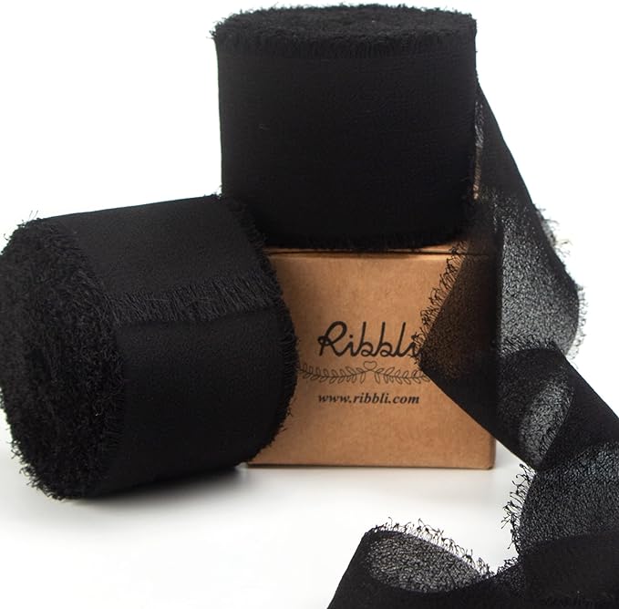 Ribbli Black Chiffon Ribbon 1-1/2 inch x 20 Yard Handmade Fringe Chiffon Silk Ribbon,Black Ribbon for Wedding Invitations, Bridal Bouquets Wrapping, Flower Arrangement Decoration