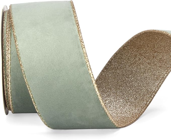 Ribbli Sage Velvet Wired Ribbon 2.5 Inch Sage Velvet with Champagne Glitter Christmas Ribbon for Christmas Tree Decoration Big Bow Gift Wrapping Crafts Wreaths Supplies- 10 Yards