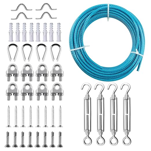 3/16" Sunshade Sail Hardware Kit, Turnbuckles for Cables Wires, PIUM PVC Coated Wire Rope Kits, 50Ft Stainless Steel Cable for Clothes Line Wires, String Light Hanging and Garden Plant Trellis