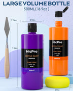 Nicpro 24 Colors Large Bulk Acrylic Paint Set (16.9 oz/500 ml), Rich Pigments Non Toxic, Bulk Painting Supplies for Artist Beginners on Canvas, Wood, Rock, Glass, Ceramic, Crafts with Color Wheel