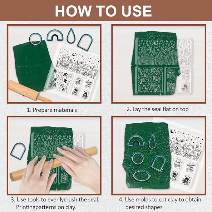 CHGCRAFT Polymer Clay Texture Sheet Mushrooms Silicone Texture Stamp Stars Flowers Clay Texture Mat Modeling Pattern Pad Polymer Clay Tools for Jewelry Earring Making DIY Craft, 5.5x5.5inch