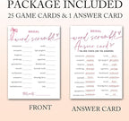 Bridal Shower Games Cards, Bridal Word Scramble, 25 Cards with 1 Answer Card, Engagement Party Games for Guests, Pink Ribbon Bow Wedding Party Supplies - E14