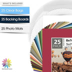 Mat Board Center, Pack of 25, 8x10 for 5x7 Mix Color Picture Mat Sets - Acid Free, 4-ply Thickness, Bevel Pre-Cut White Core - Includes Backing Boards and Clear Bags - for Pictures, Photos, Framing