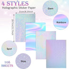 108 Sheets Holographic Sticker Paper Clear A4 Vinyl Sticker Laminate Sheets Adhesive Holographic Overlay Waterproof Transparent Film with Gem, Colorful, Dot, Star, 11.7 x 8.3 Inch