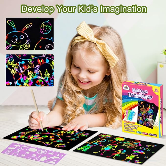 ZMLM Scratch Art Crafts Girls Gifts, 60 Rainbow Scratch Paper Art Gifts for 3 4 5 6 7 8 9 10 Years Old Girls and Boys Kids, Arts and Crafts for Kids 4-6 Birthday Toys and Games Activities Gift (Pink)