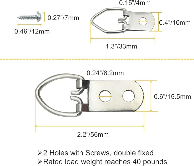 70 Pack D-Ring Steel Picture Hangers Heavy Duty with Screws Picture Frames Double Holes Clasp Picture Hang Solutions, for Hanging Clock Paintings Artwork Picture Frame Hook Photos Mirrors