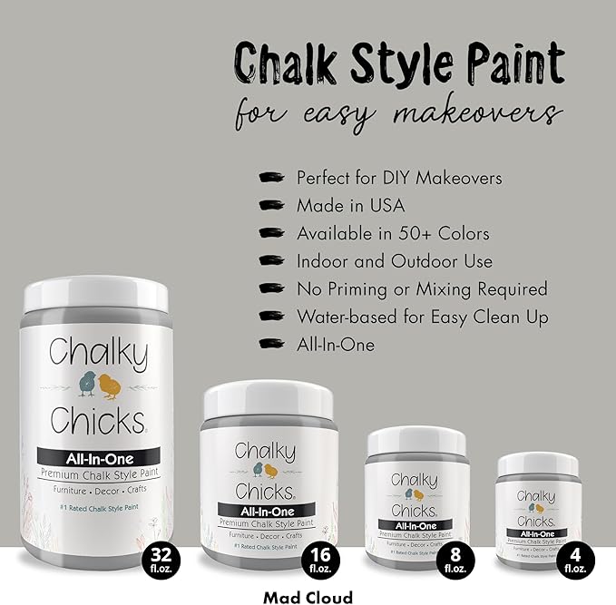 Chalky Chicks All-in-One Chalk Paint for Furniture or Cabinet - 32 Fl Oz - Matte Finish Mad Cloud (Light Gray) for Metal, Wood Furniture Paint - No Sanding All-in-One for Home Decor & Crafts, USA Made