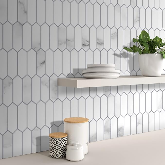 SUNWINGS Backsplash Tile for Kitchen Peel and Stick, Stone Composite Self Adhesive Tiles Faux Marble Pattern Long Hexagon Mosaic Wall Tile for Kitchen, 12 Inch x 11.22 Inch 10 Sheets White Marble