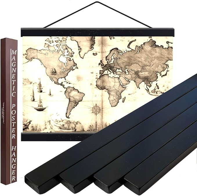 DACRI HOME 44" Magnetic Poster Hanger Frame - Sturdy Teak Wood Poster Frame 44x18 44x24 44x36, Strong Magnets for Easy Hanging Map Picture Print Scroll Wall Art (44 Inch, Black)