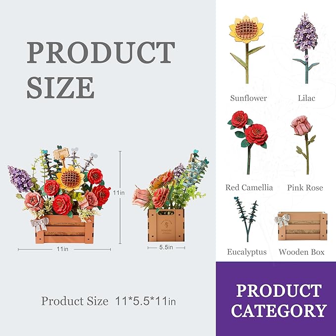 3D Wooden Flower Puzzle for Adults-Wooden Bloom Box, DIY Craft Model Kit Building Set, Botanical Decor Creative Gift for Lovers Nature Enthusiasts (658PCS)