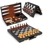 Chess Checkers Backgammon Set 3-in-1 Board Games Sets for Kids & Adults，15" Folding Magnetic Chess Set Leather Chess Board Strategy Game Portable Travel Chess Game with Magnetic Chess Pieces