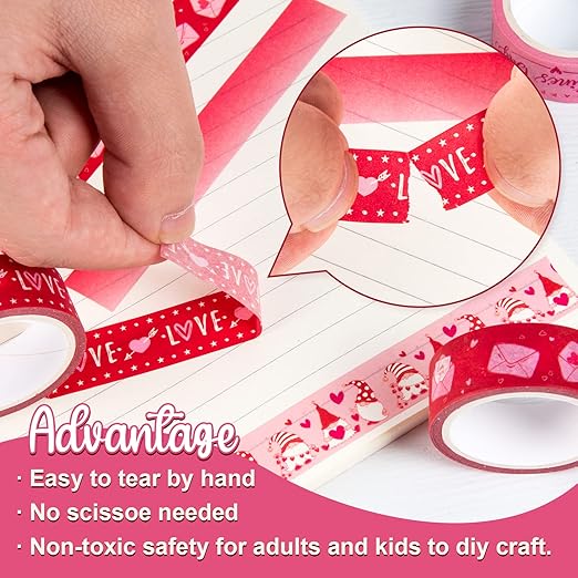 Whaline 12 Rolls Valentine Washi Tape Red Pink Heart Gnome Love Masking Tape for Wedding Scrapbook DIY Craft Gift Wrapping, 0.6" x 16.4ft