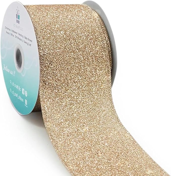 CT CRAFT LLC Glitter Wired Ribbon 2.5" x 10 Yards Gold (Champagne Gold) for Christmas Home Decor Bow Gift Wrapping DIY Crafts Wreath