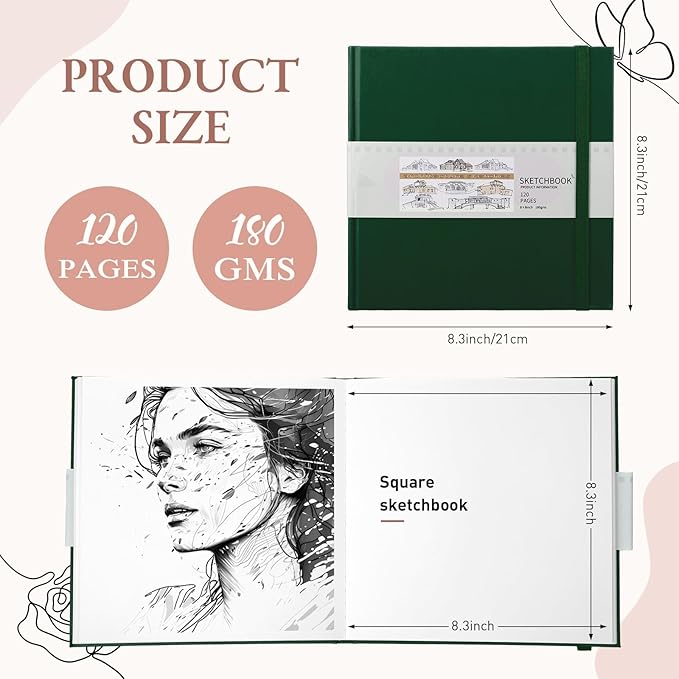 Moinchore Back to School Gifts Square Sketchbook 8 x 8 Inch Hardcover Art Sketch Book Drawing Papers 120 Pages, Mixed Media Journal Notebook with Elastic Closure Sketchbook for Drawing(Green)