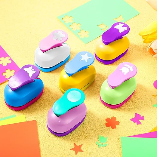 CHENGU 16 Pcs Craft Holes Punch Paper Punchers Scrapbook Punches with Craft Sticker Paper, Round, Star, Square, Heart, Flower, Wave Circle Shape (1 Inch,Fresh Style)