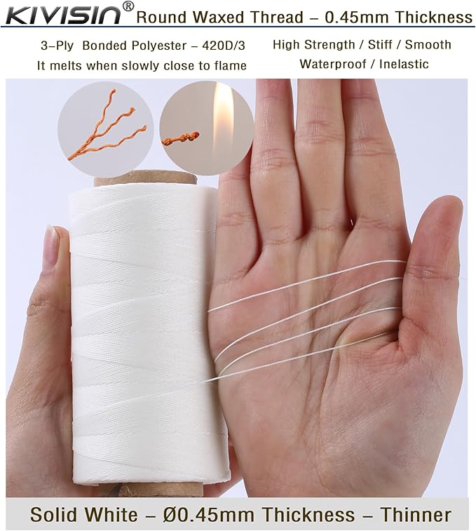 Thin Wax Polyester Thread, 0.45mm, 547 Yards, 3 Ply Round Waxed Cord Strings for Sewing, Beading, Binding, Micro Braiding, Fine Leather Craft and Micro Macrame Jewelry - White