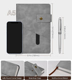 Grey A5 Lined Leather Journal Notebook for Men Women,5.9" X 8.4" Personalized Hardcover Journal with Pen,200 Pages 100 Gsm Thick Ruled Paper Daily Diary for Travel,Business,Work,Writing