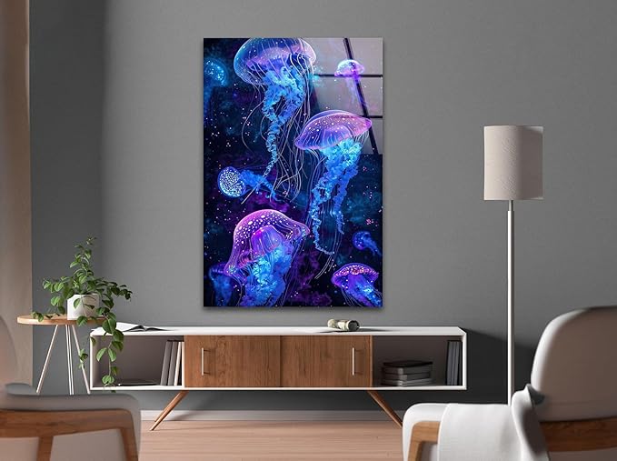 My Photostation.com 30Wx35.5H'' Glowing Jellyfish Glass Wall Art Tempered Glass Printing Wall Decor Large Wall Art Wall Hangings
