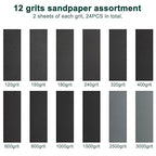 24PCS Sandpaper Assortment 12 Grits Wet Dry Sandpaper Sheets,Silicon Carbide Sanding Paper 120 to 3000 Grit Fine Sandpapers and Coarse Sand Paper for Metal, Wood Furniture and Automotive (9x3.6 Inch)