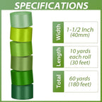 1-1/2 Inch Green Satin Ribbons for Crafts, 6 Rolls Single-Faced Green Assorted Ribbons for Gift Wrapping Flower Bouquet Wedding Invitations Bridal Shower Hair Bows Garland Party Decor