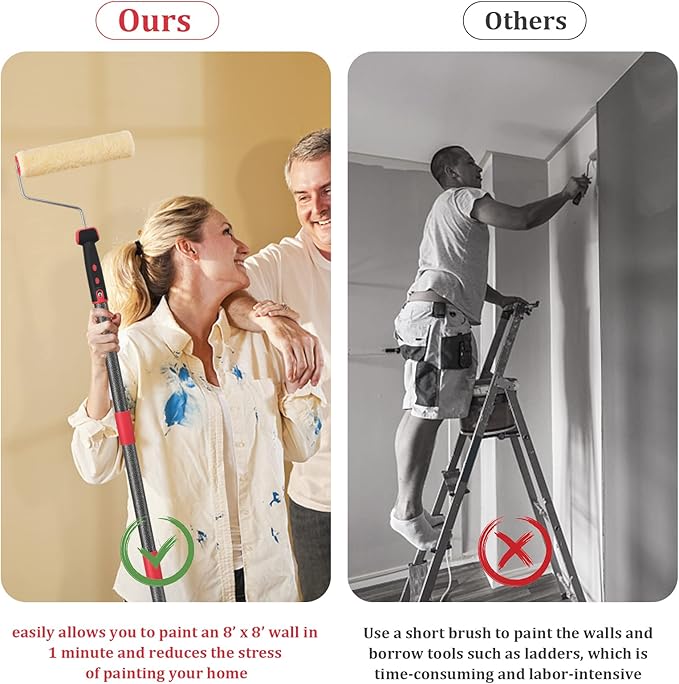 Multi-Function Paint Roller Kit - 72in Stainless Steel Pole, Mural Brush for Walls & Ceiling, No Drip, Grey