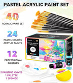 40 PCS Pastel Acrylic Paint Set with 12 Brushes, 2 Knives & Palette, 24 Colors (2oz/60ml) Art Craft Paint for Adults Kids Artists Beginners, Halloween Pumpkin Canvas Ceramic Rock Painting Kit