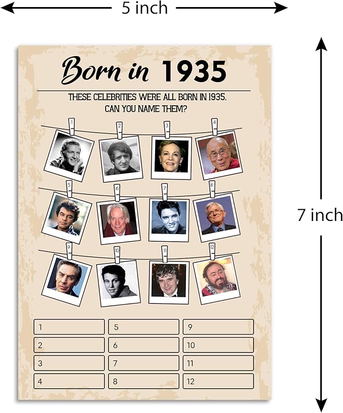 90th Birthday Party Games, Set of 5 Activities for 10 Guests, Born in 1935 Games Bundle, Birthday Party Supplies for Adults, Pack of 50 Cards