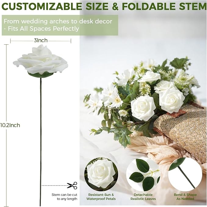 Artificial Flowers Foam Fake Roses 25pcs Green Roses with Stems for Home Decor DIY Wedding Bouquets Party Bridal Shower Centerpieces Faux Flower Arrangements Tables Decorations