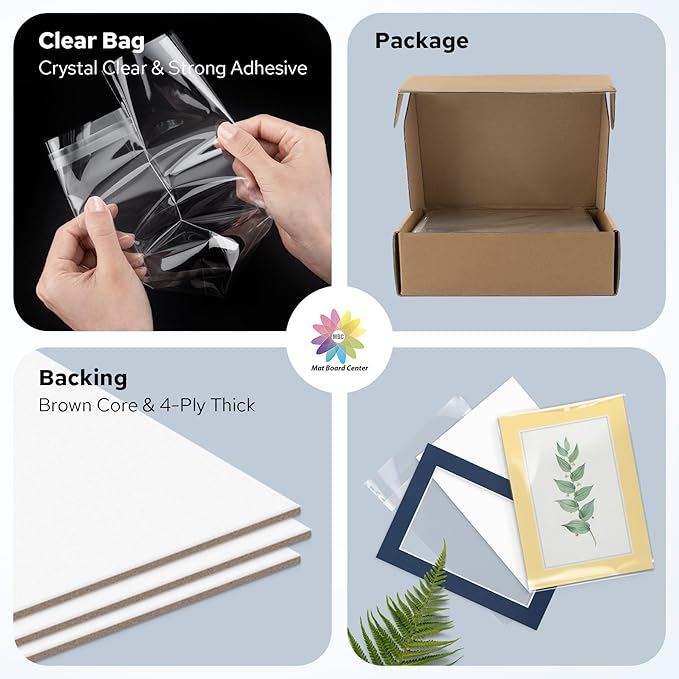 Mat Board Center, Pack of 50, 5x7 for 4x6 Mix Color Mat Kit - Acid Free, 4-ply Thickness, White Core - Includes Backing Boards and Clear Bags - for Pictures, Photos, Framing