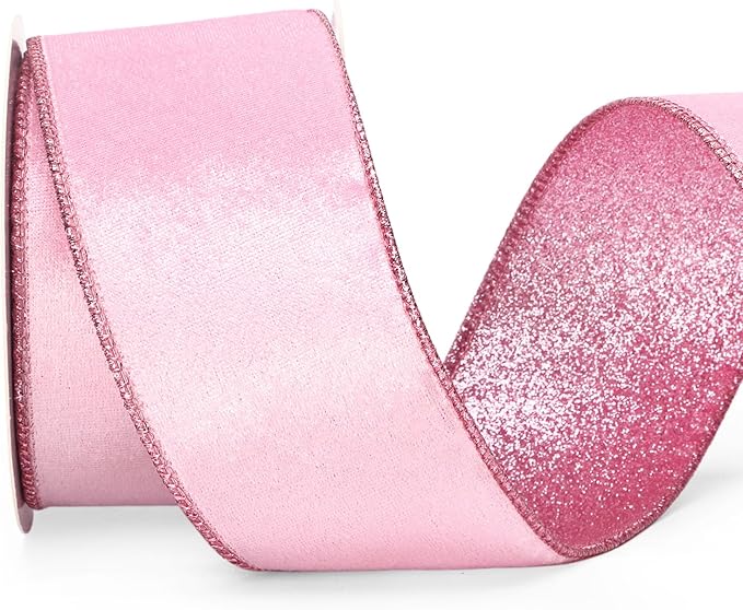 Ribbli Pink Velvet Wired Ribbon 2.5 Inch Velvet with Glitter Christmas Ribbon for Tree Decoration Big Bow Gift Wrapping Crafts Wreaths Supplies - 10 Yards
