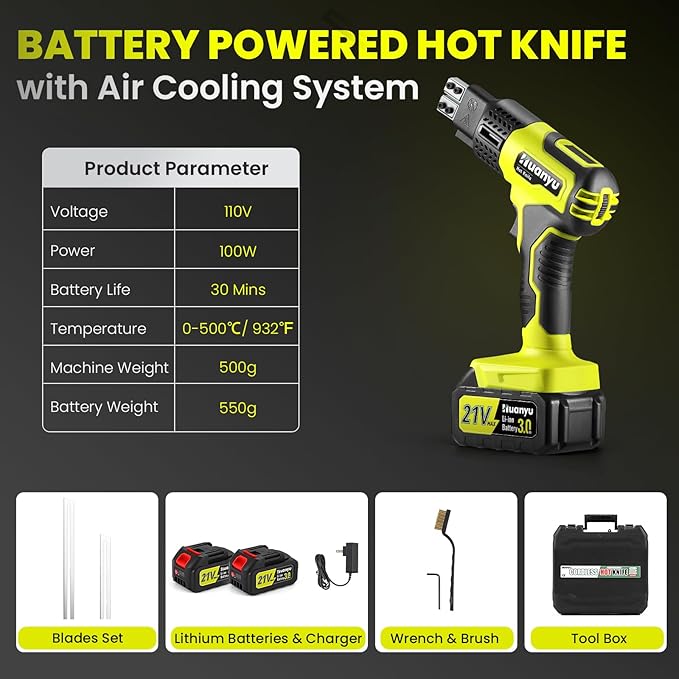 Huanyu Cordless Hot Knife with Temperature Display 100W Max 500℃ 3.0Ah Battery Powered Air Cooling Cutting Tool 2 Blades 4"+6" Set Electric Hot Knife for Styrofoam, Rope, Fabric, Acrylic