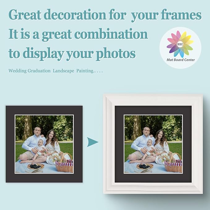 MBC Mat Board Center, 5 Pack 10x10 for 8x8 Black Picture Mats Frame Mattes, Bevel Cut, Acid Free, 4-ply Thickness