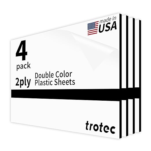 Trotec TroLase | 12"x20"x1/8", 4 Pcs | White/Black | 2 Ply | Modified Acrylic | Laser Engraving Double Color Plastic Sheet | Engraving Blanks for Laser, Saw, Guillotine | Made in USA