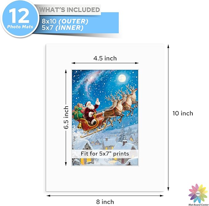 Mat Board Center, 8x10 White Mats for 5x7 Pictures - Acid Free, 4-ply Thickness, White Core, Bevel Cut - for Artworks, Photos, Framing - Pack of 12