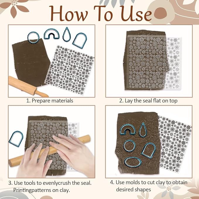 CHGCRAFT Plum Blossoms Polymer Clay Texture Sheets Art Rotation Flowers Silicone Texture Stamp Clay Texture Mat Modeling Pattern Pad Texture Sheets for Jewelry and Clay Earrings Tools