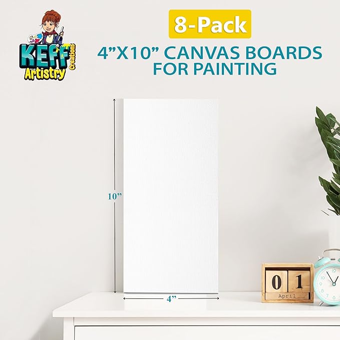 KEFF Canvas Boards for Painting - 4x10 8-Pack Bulk Canvas Panels, 100% Cotton Triple Primed Small Canvases for Painting Supplies, Acrylic, Oil, Watercolor & Tempera
