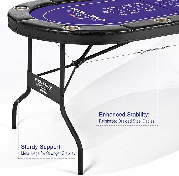 8 Player Poker Table Foldable, Texas Holdem Casino Table with Padded Rails & Cup Holders, Portable Folding Game Table for Home or Game Room, 71 Inch