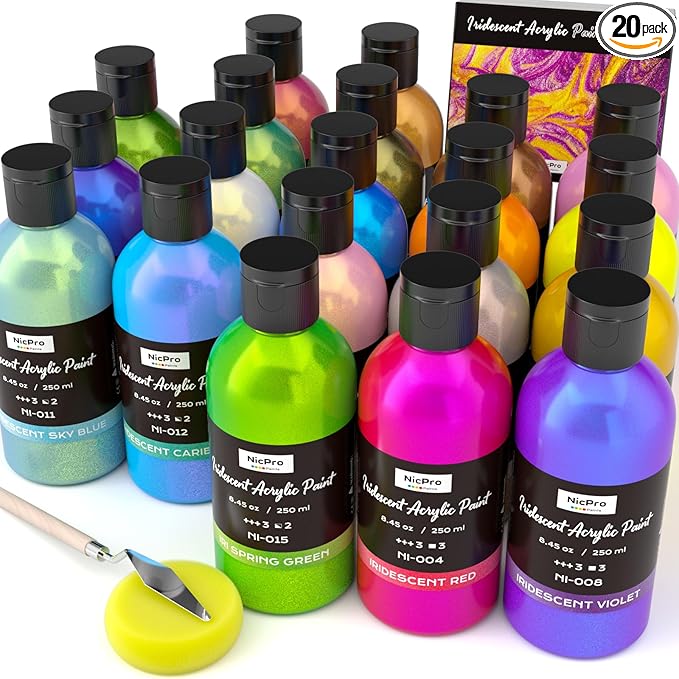 Nicpro 20 Colors Iridescent Acrylic Paint, 8.45oz / 250ml Large Bulk Metallic Acrylic Paint,Color Shifting & Non-Toxic Art Painting Supplies For Canvas Fabric Rock Wood with Paint Knife Color Wheel