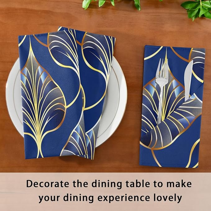 ALAZA Art Deco Floral Royal Blue & Gold Cloth Napkins Set of 4, 20x20 Inch Washable and Reusable Napkin for Decoupage Dinner Party Everyday Use