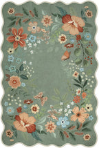 Beeiva Washable Rug 6x9 - Scalloped Floral Printed Soft Non Slip Kids Rugs for Bedroom Ultra-Thin Low Pile Boho Green Area Rug Aesthetic Throw Carpet for Living Room Playroom Dorm Office(Green,6x9ft)