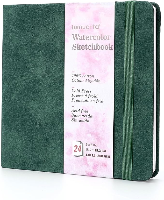 tumuarta Square 100% Cotton Watercolor - Sketchbook, 6x6 in, 140 LB, 300GSM, Cold Press, Acid Free, 24 Sheets,48 Pages, Watercolor Journal for Use As Travel Notebook and Mixed Media Pad On The Go