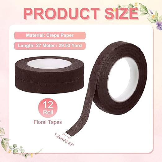 MECCANIXITY 12 Rolls Floral Tapes, 30 Yard x 1/16 in Florist Crepe Flowers Bouquets Tape Adhesive Waterproof for Flower Arranging Wrapping, Red Brown