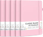 feela 5 Pack Notebooks Journals Bulk, Hardcover Notebook Classic Ruled Lined Journals with Pen Holder for Women Girls School Business Supplies, with 5 Black Pens, 120 GSM, 5.1”x8.3”, A5, Rose Pink