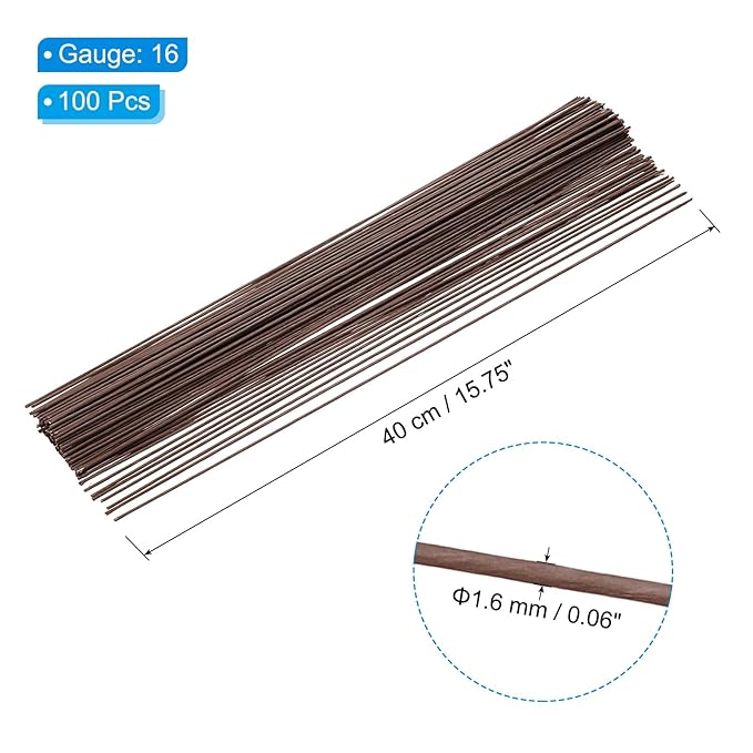 PATIKIL 16 Gauge 16" Floral Stem Wire, 100 Pcs Paper Wrapped Iron Artificial Flower Stem Accessories for DIY Bouquet Stem and Craft Decoration, Brown