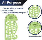 Pacific Arc All Purpose Template Guide, Featuring A Protractor, 4 Inch Ruler, French Curves, and Standard Shapes