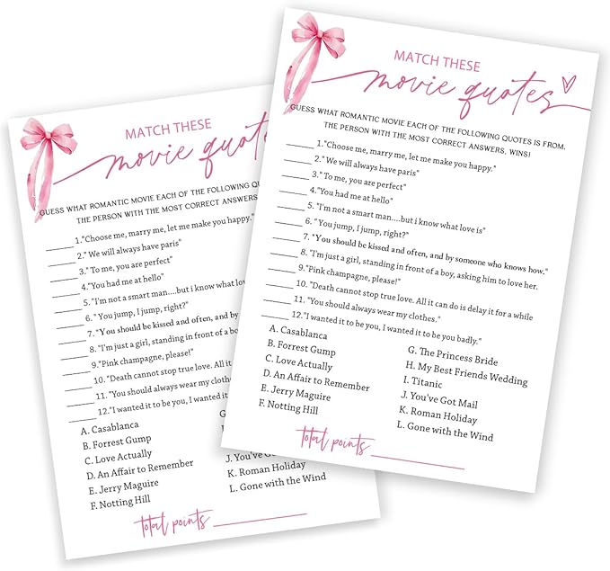 Bridal Shower Games Cards, Match These Movie Quotes, 25 Cards with 1 Answer Card, Engagement Party Games for Guests, Pink Ribbon Bow Wedding Party Supplies - E09