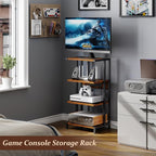 X-cosrack 4-Tier AV Media Stand with Power Strips, Wooden Corner Shelf Component Cabinet Stereo Audio Rack Stand Tower Perfect for DVD Players:Game Console:TV Box:Cable Box:Xbox:WiFi Router
