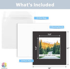 Mat Board Center, Pack of 10, 12x12 for 8x8 Black Mat Kit - Acid Free, 4-ply Thickness, White Core - Includes Backing Boards and Clear Bags - for Pictures, Photos, Framing